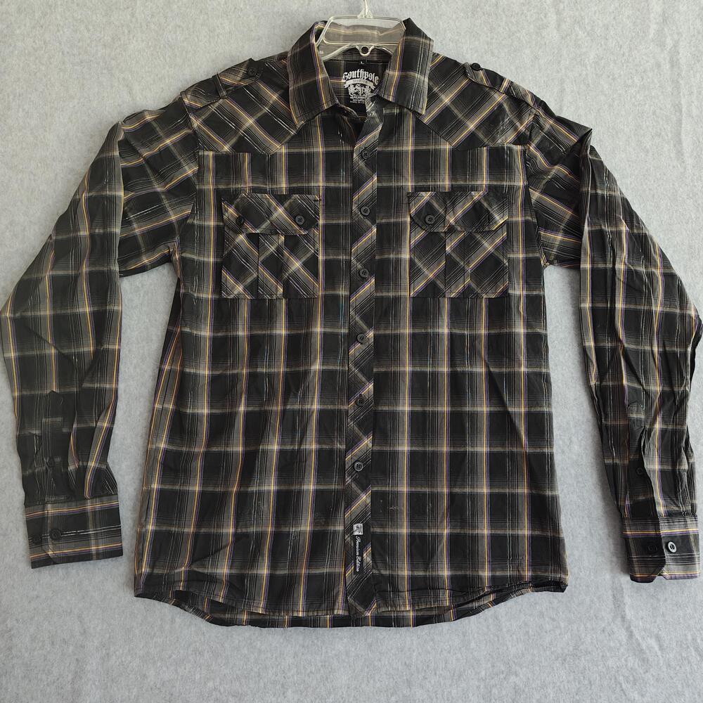 Southpole Shirt Mens Large Black Plaid 100% Cotton Long Sleeve Western Button-Up